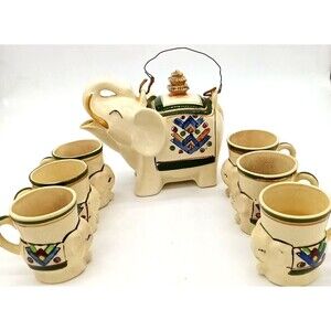 Vintage Hand Painted Good Luck Elephant Pagoda Teapot with Handle and 6 Cups